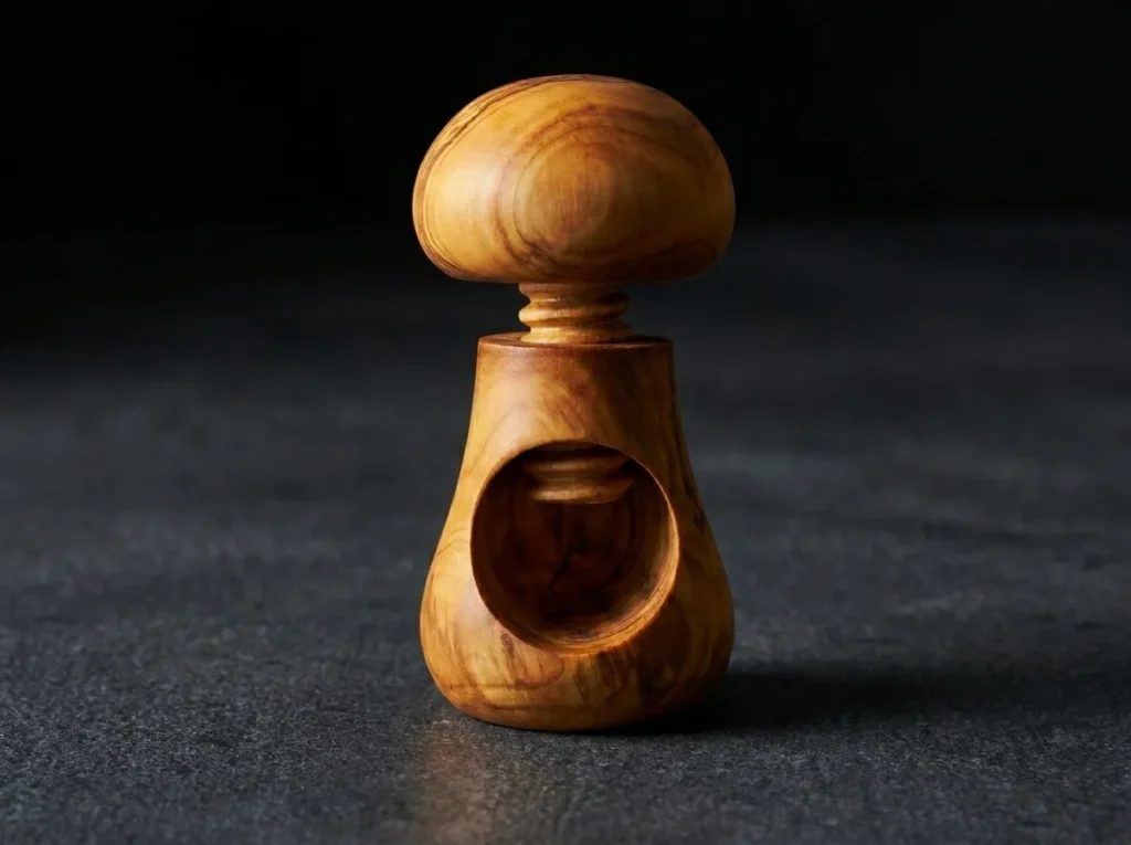 Olive wood mushroom-shaped nutcracker on a dark stone surface