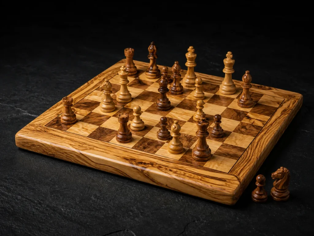 Olive wood chess board with carved wooden chess pieces on a dark stone surface