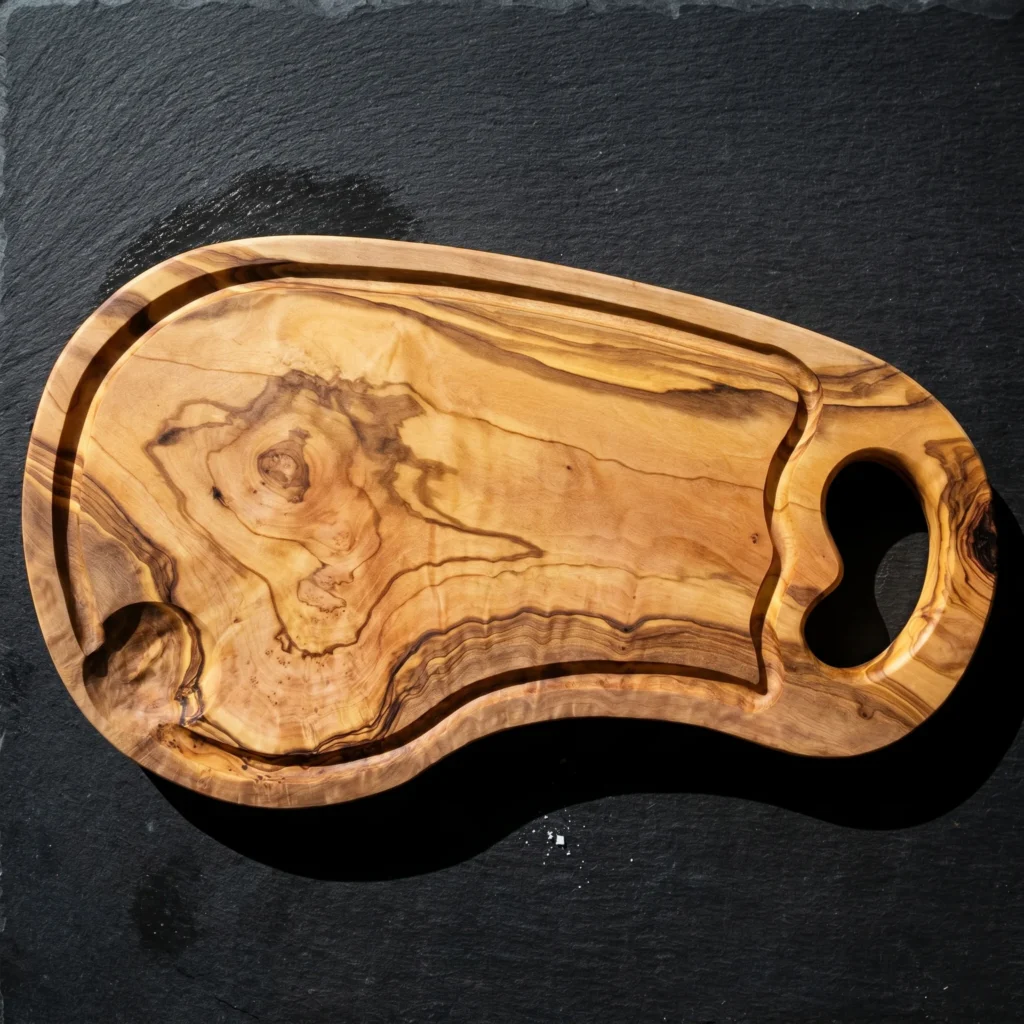 Olive wood cutting boards arranged for catalog display