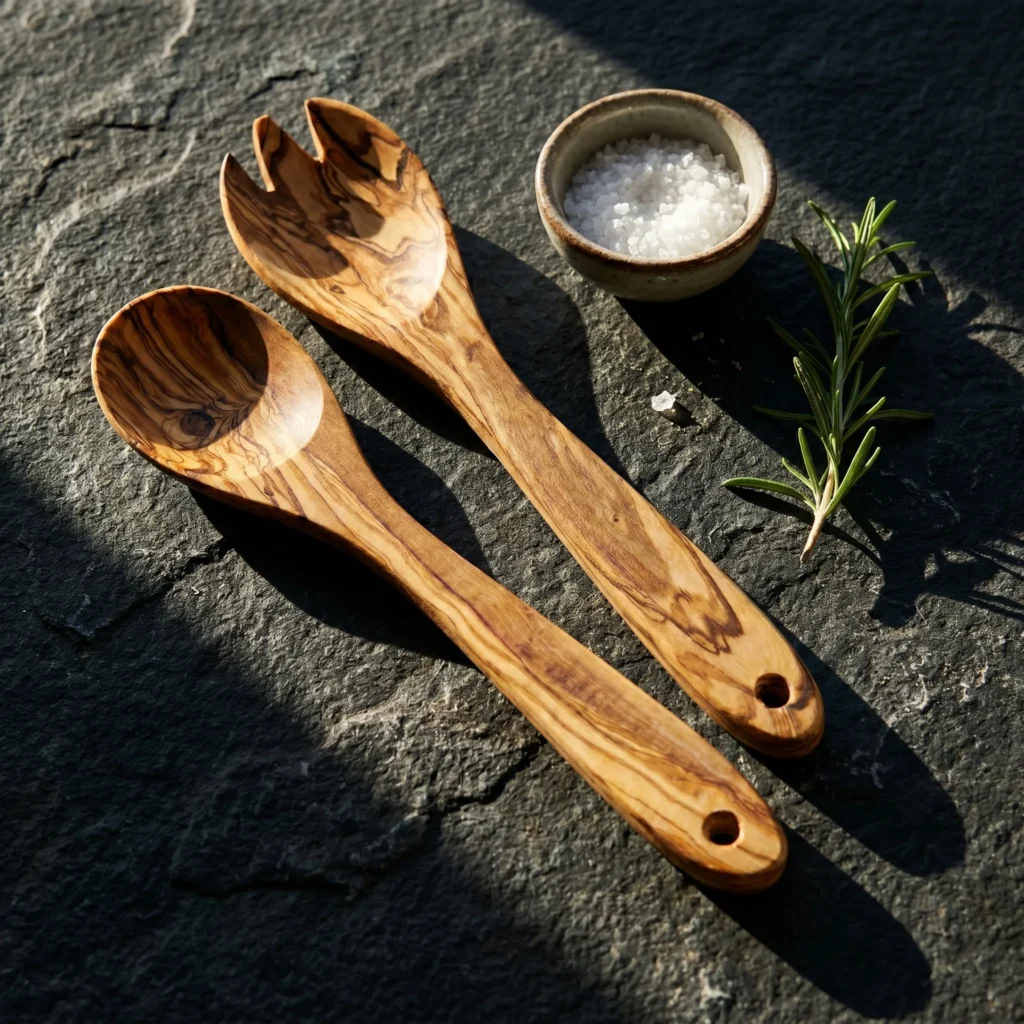 Olive wood spoon and spatula on a dark stone surface