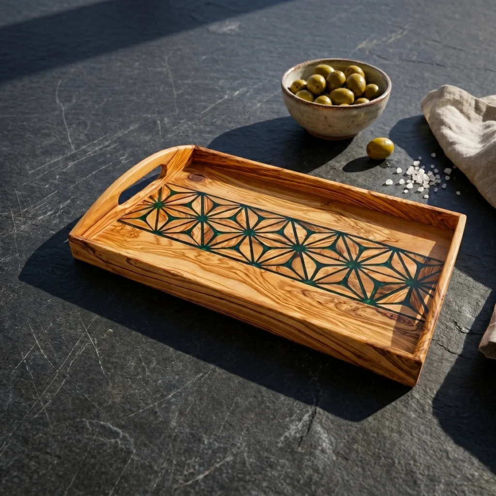 Olive wood serving tray with geometric inlay on a dark stone surface