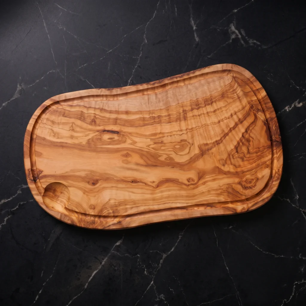 Olive wood board photographed from above on black marble
