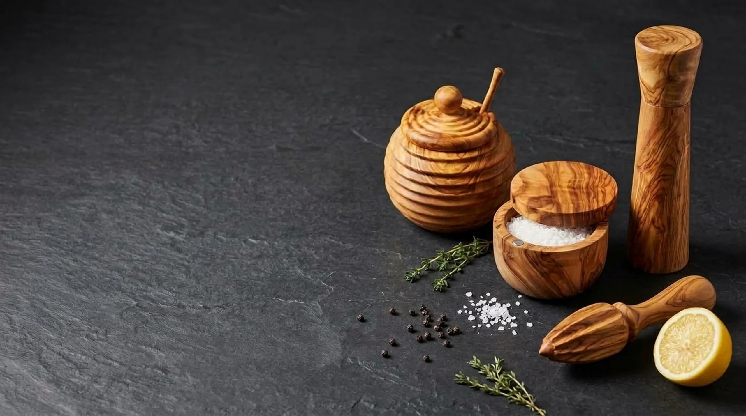 Handcrafted olive wood table accessories with pepper mill salt keeper honey jar and citrus reamer on dark charcoal slate