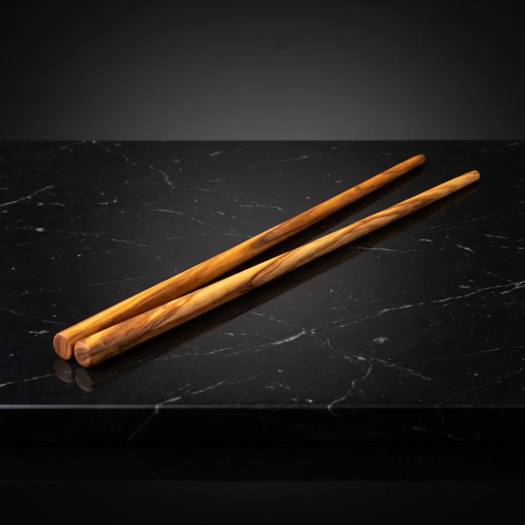 Paire de baguettes de table artisanales SC-9 en bois d'olivier massif sur marbre noir Nero Marquina
