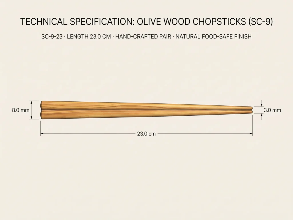 Plan technique coté épuré de la paire de baguettes SC-9 longueur 23 cm manche 8 mm pointe 3 mm