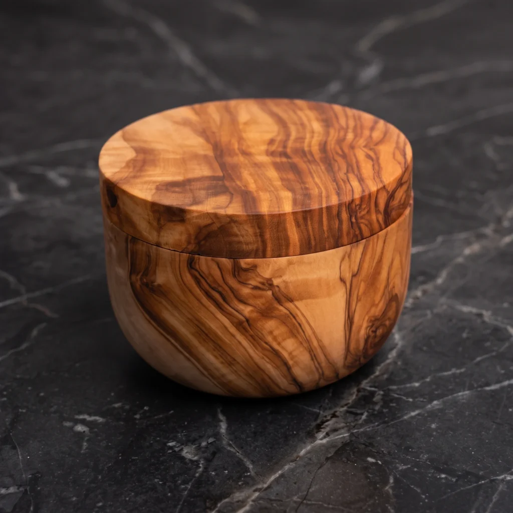 Olive wood magnetic salt keeper on black marble