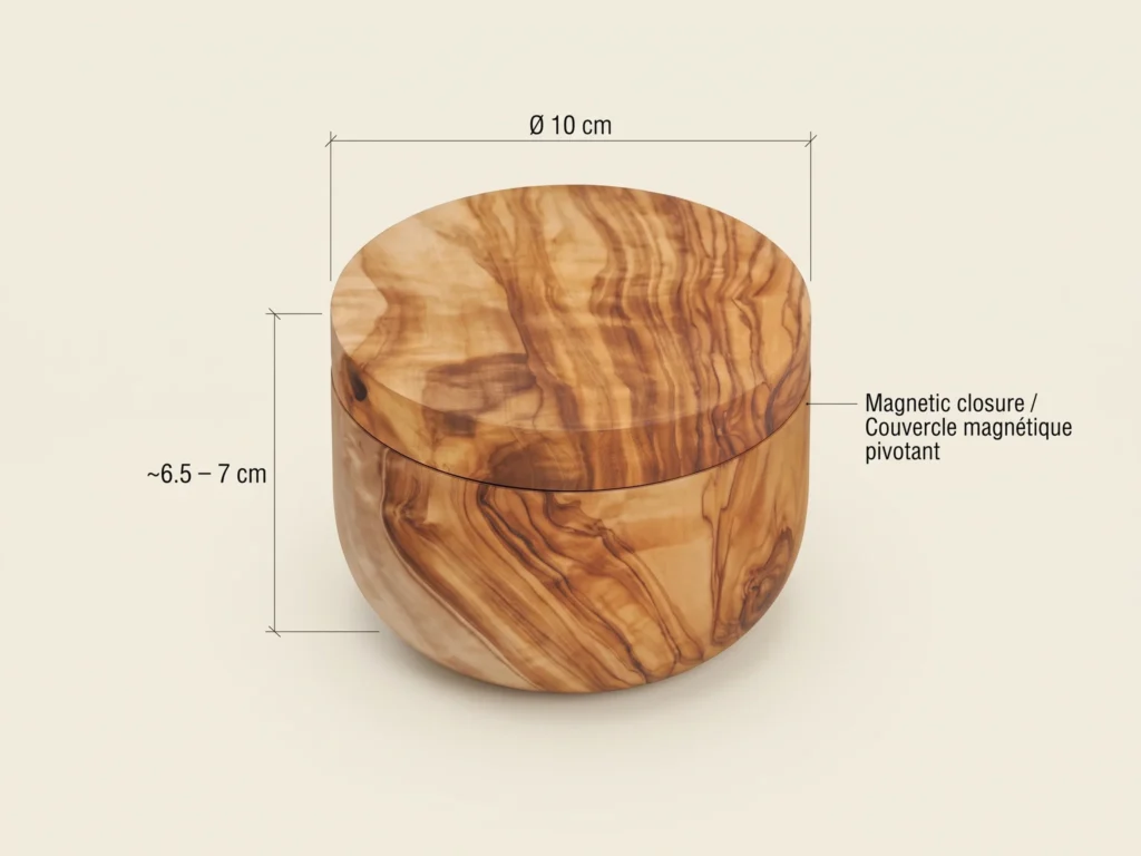 Technical CAD dimensional specification of the olive wood salt keeper showing Ø 10 cm diameter and magnetic closure