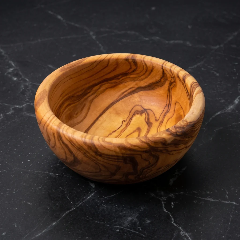 Handcrafted round smooth olive wood bowl with thick rounded rim