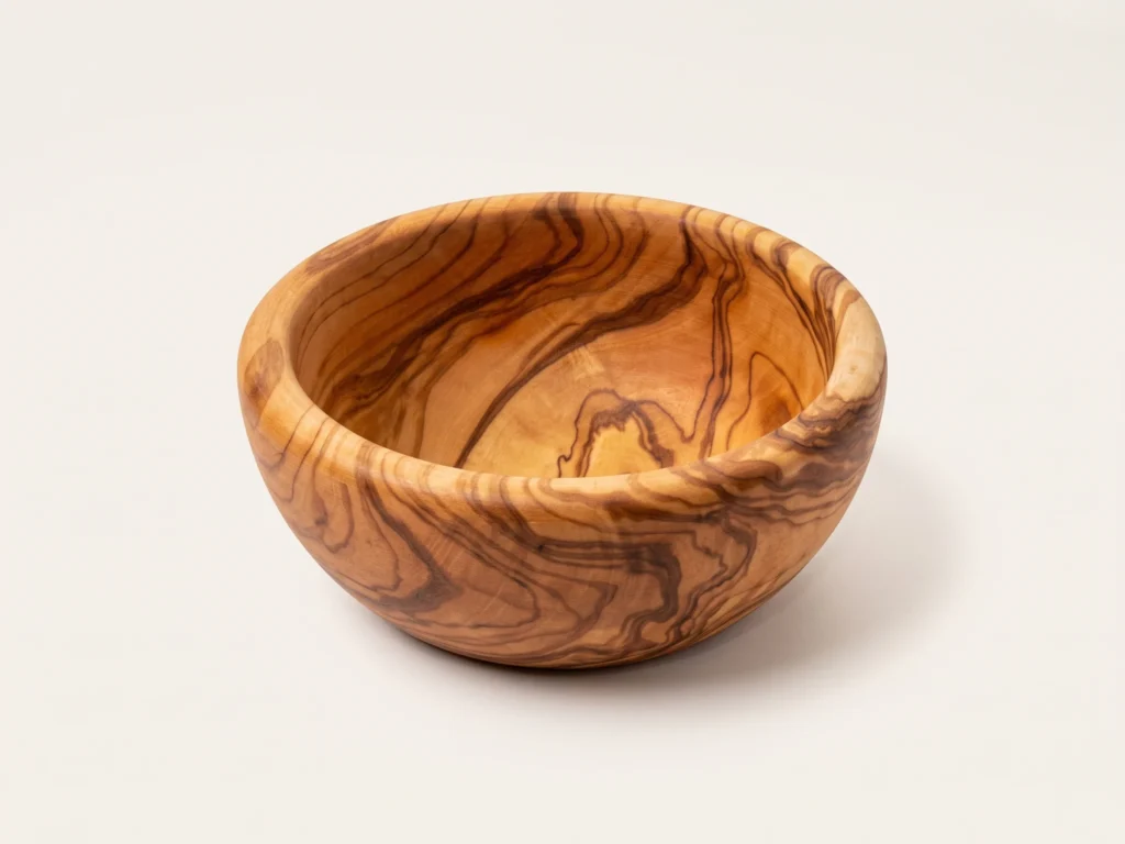 Three-quarter catalog view of round smooth olive wood bowl TR-1 on seamless warm ivory background