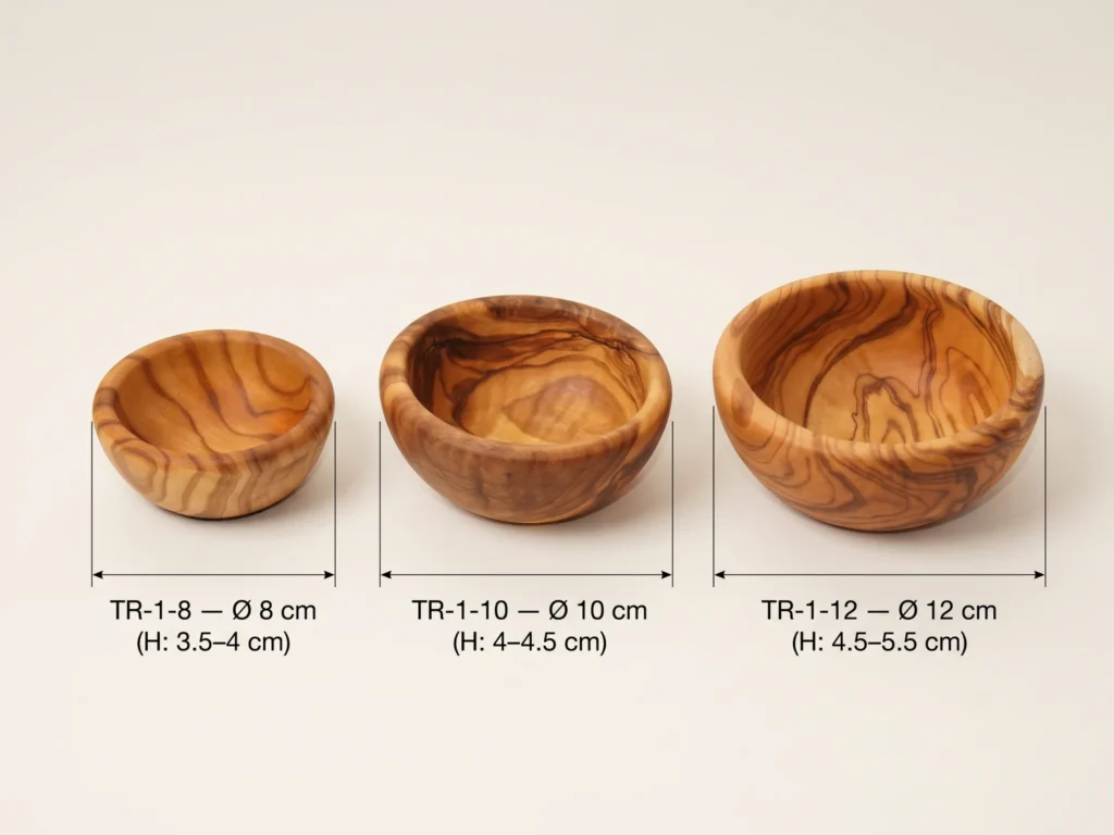 Technical size comparison of round smooth olive wood bowls TR-1-8, TR-1-10, and TR-1-12 with dimensions