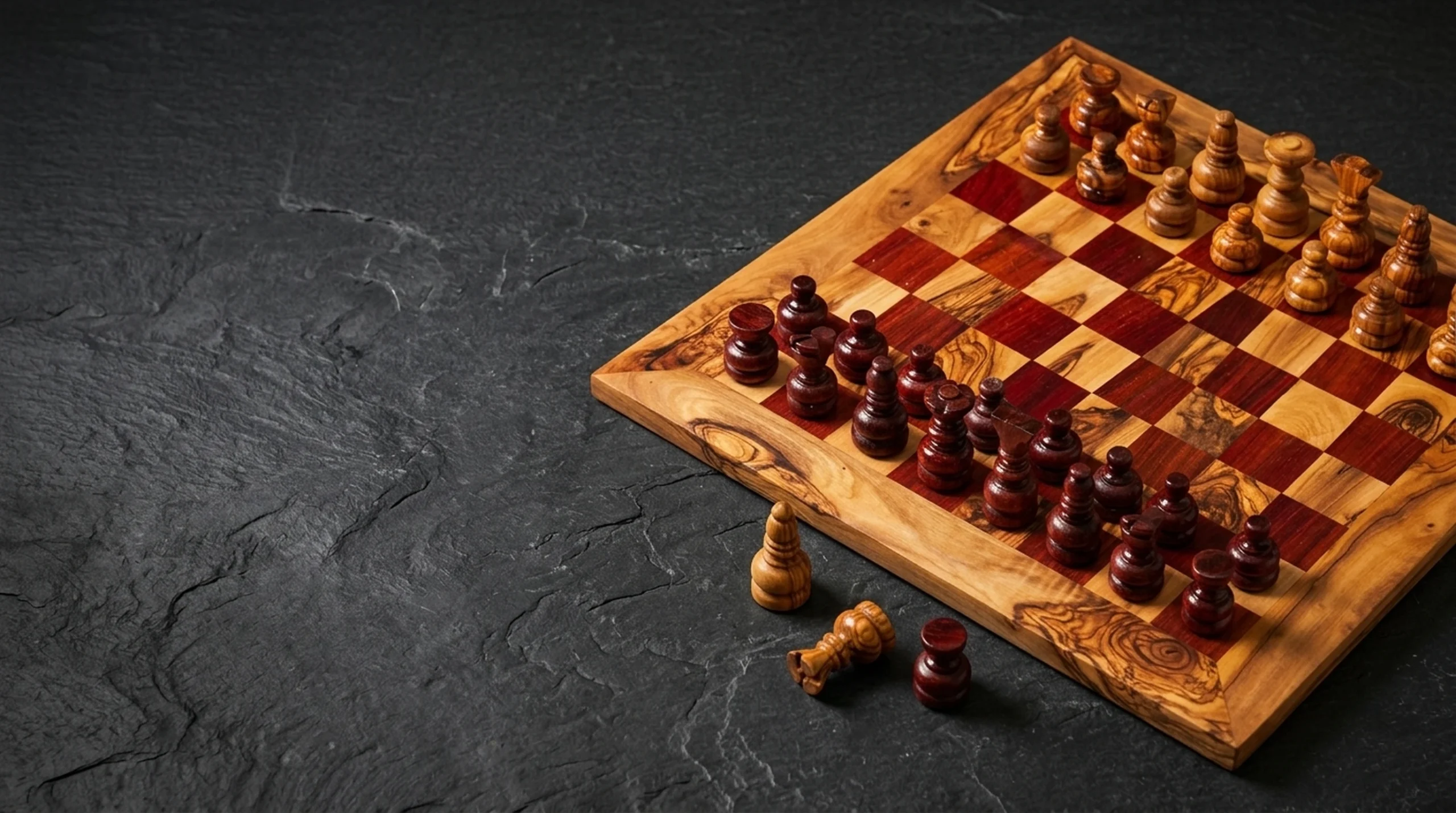 Handcrafted olive wood chess set with carved pieces on dark charcoal slate