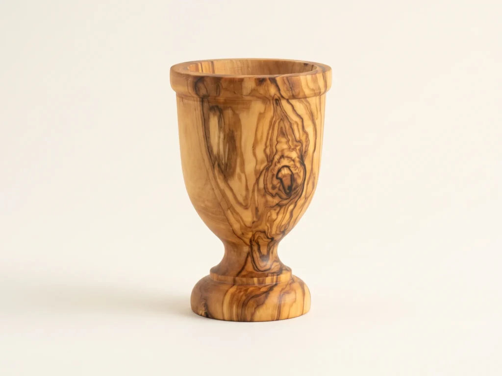 Olive wood egg cup TR-22 low profile eye-level elevation showing pedestal silhouette and flared rim