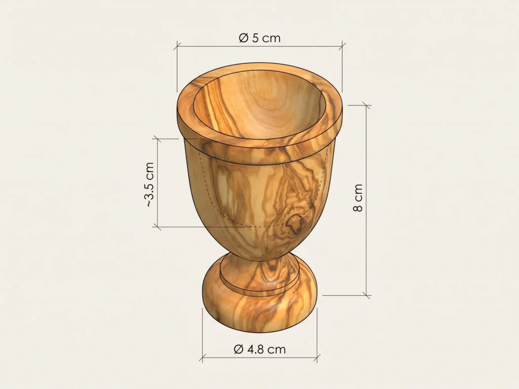 Technical CAD orthographic diagram of olive wood egg cup TR-22 with millimeter dimensions Diameter 5cm Height 8cm