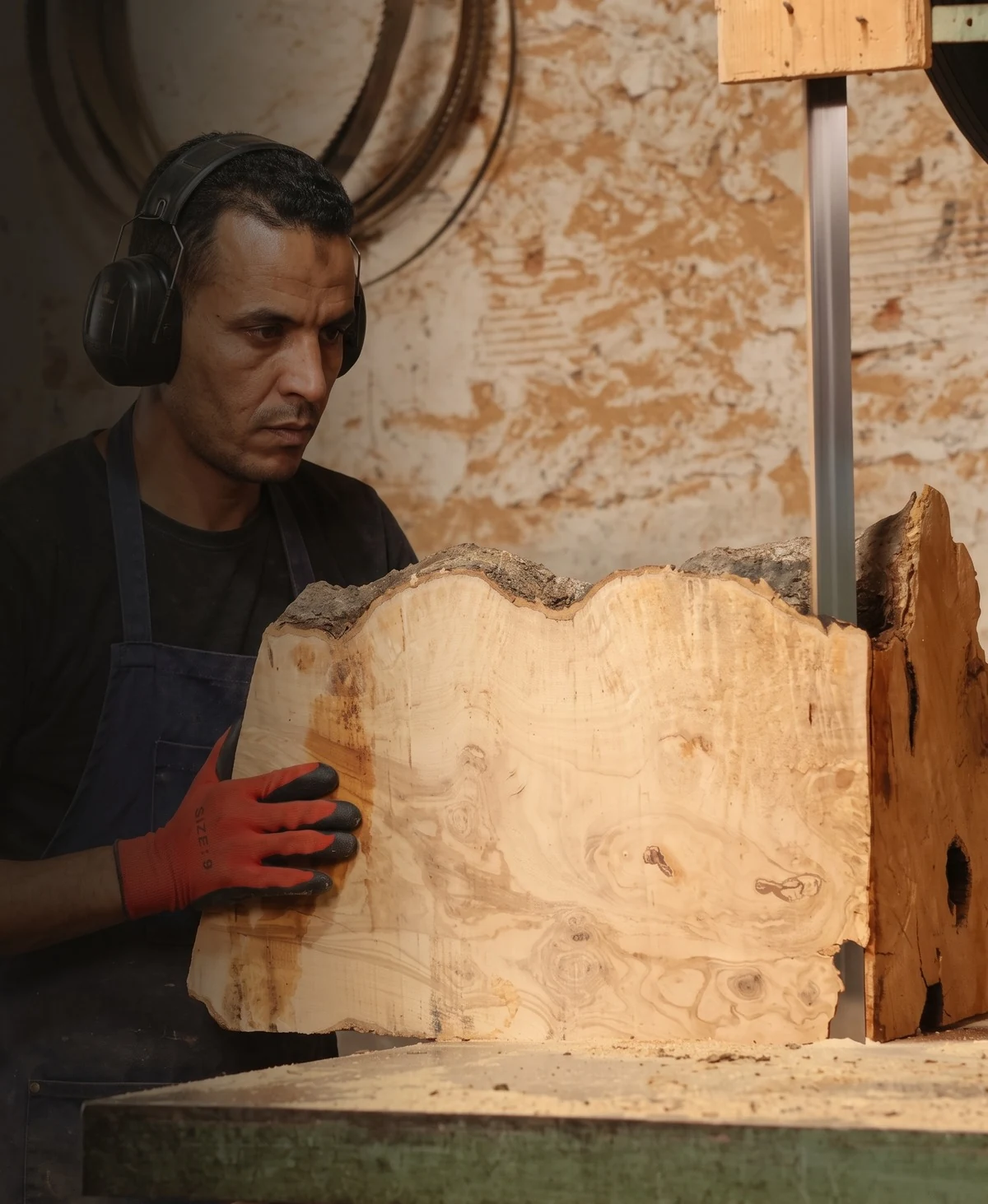 Tunisian artisan slicing olive wood log on band saw in Sfax workshop