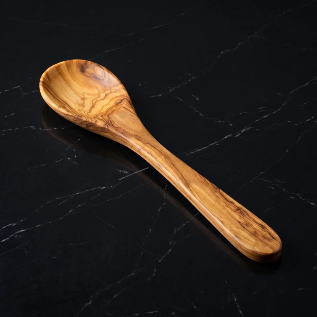 Handcrafted single olive wood flat spoon on polished black Nero Marquina marble