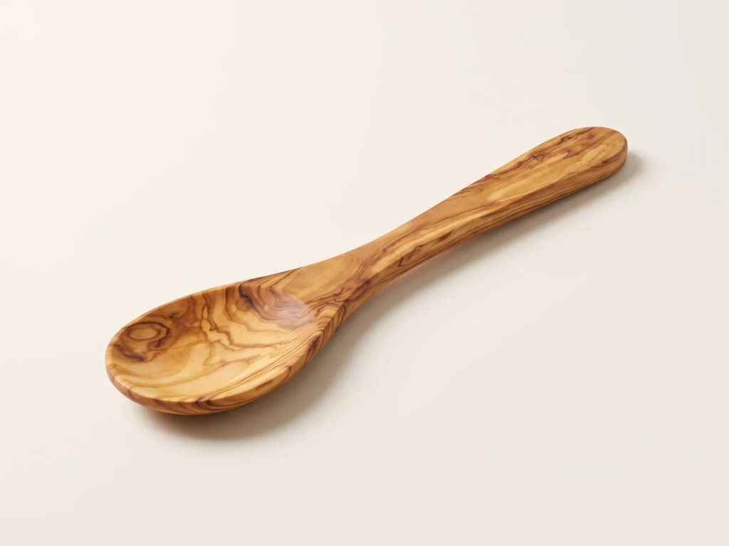 Single olive wood flat shape cooking spoon in three-quarter perspective on warm ivory background
