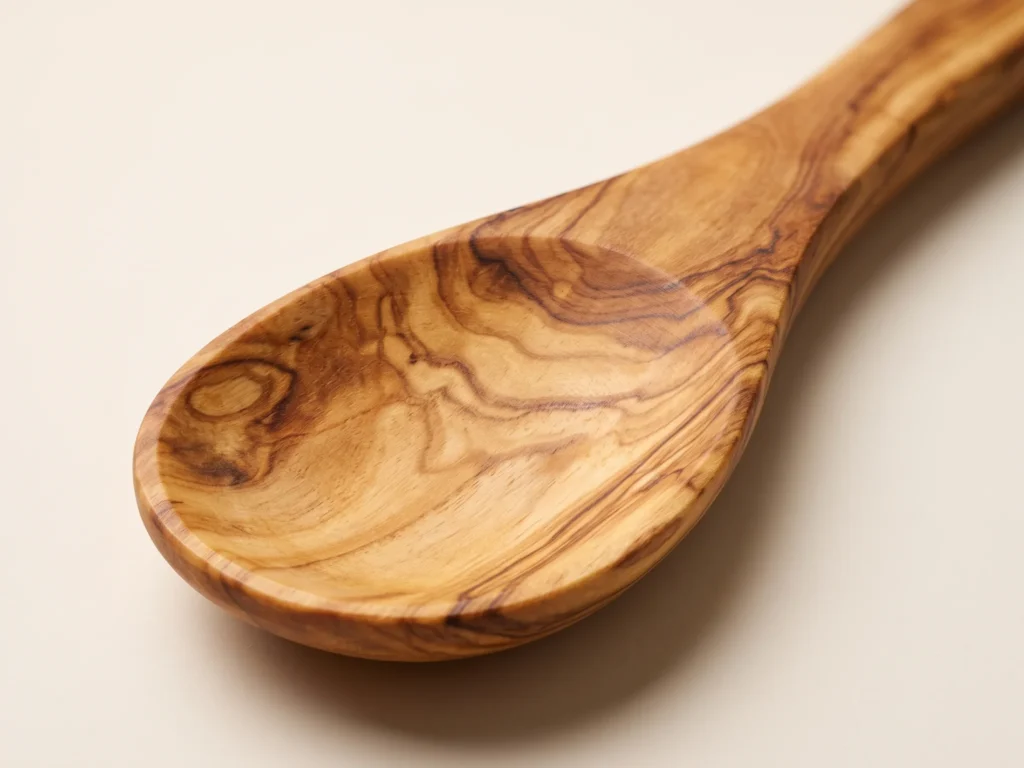 Macro close-up on olive wood spoon oval head showing shallow concave bowl and rich amber grain rings