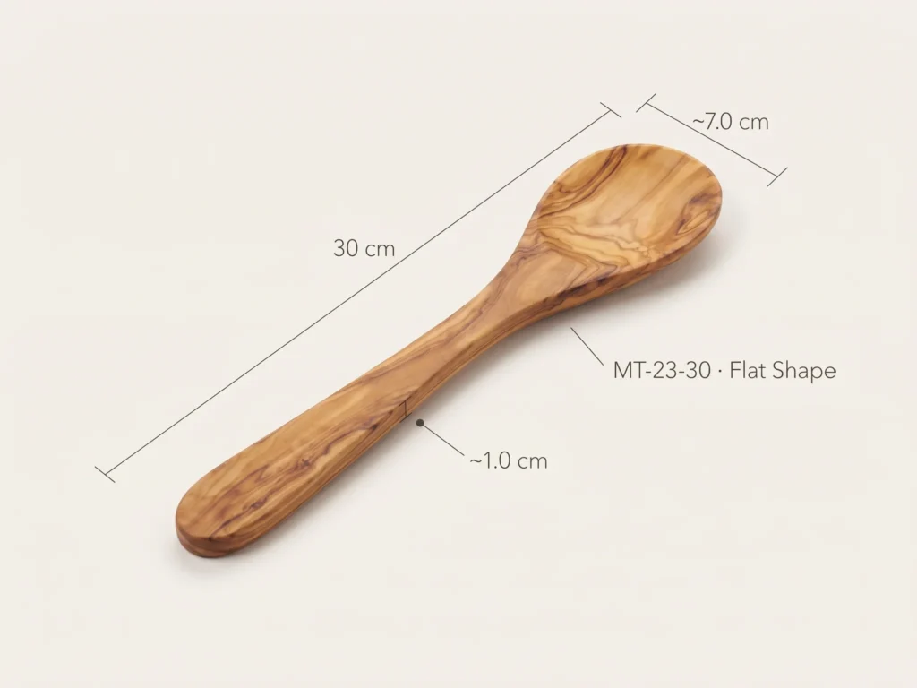 Perspective product photograph of olive wood spoon with minimalist dimension callouts 30 cm length, 7 cm head, 1 cm thickness