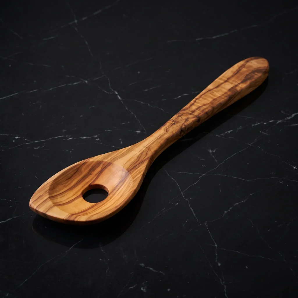 Olive wood salad server pair on a charcoal surface