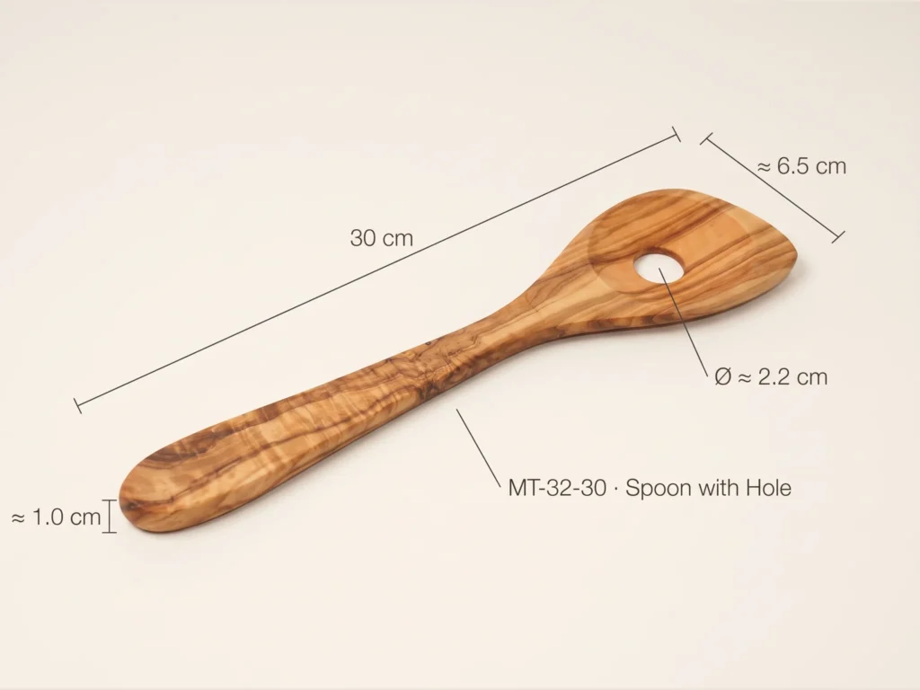 Cuillère avec trou en bois d'olivier MT-32 avec cotations 30 cm et trou Ø 2.2 cm