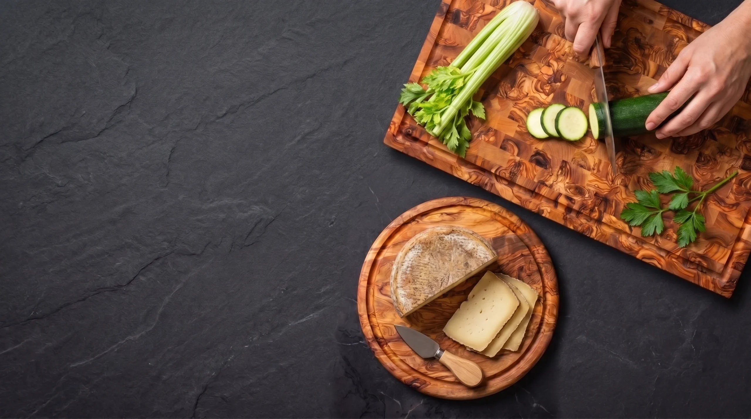 Two olive wood cutting boards with fresh herbs, celery, zucchini and artisan cheese on dark charcoal slate