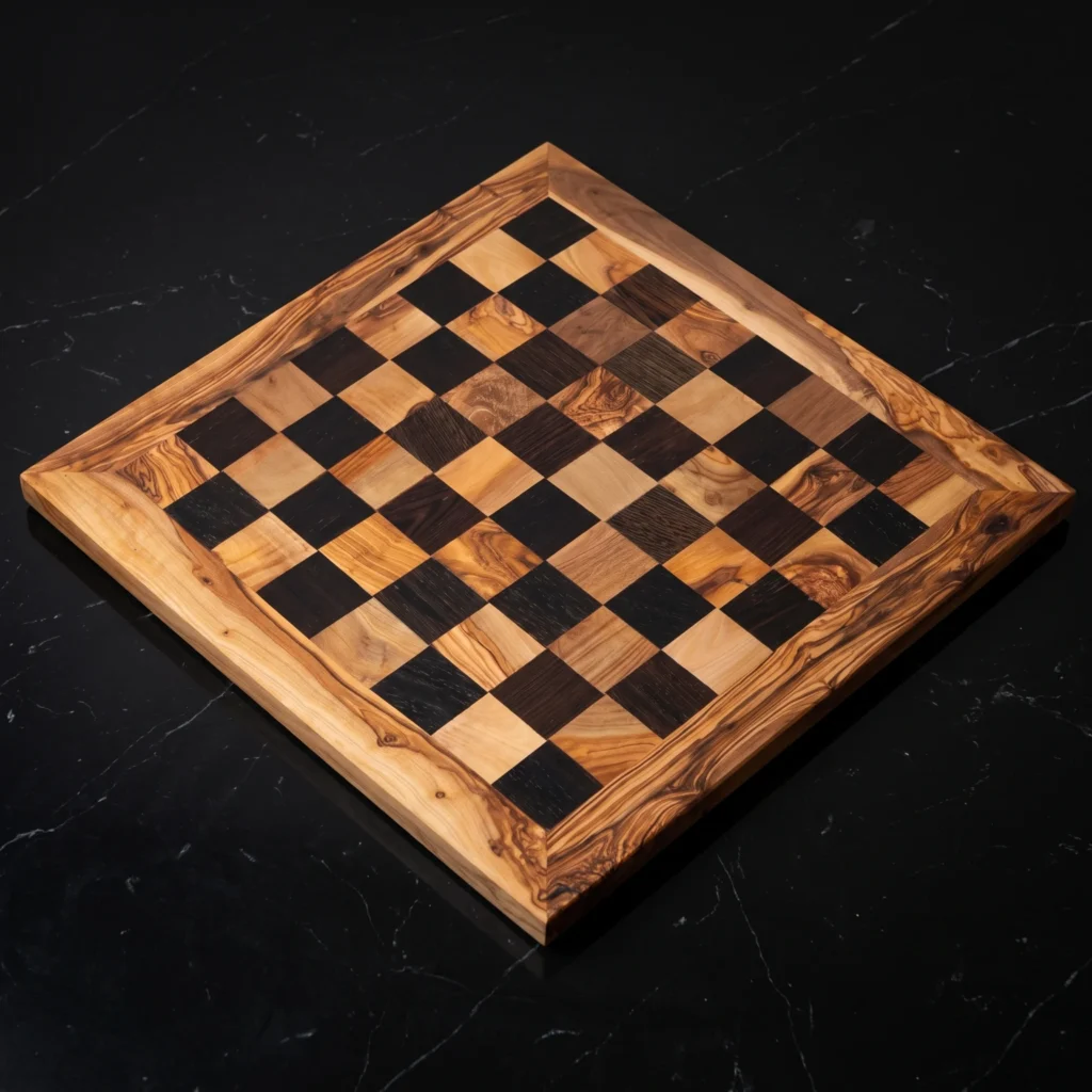 Échiquier en bois d'olivier à cadre droit SC-76 avec damier noir sur marbre noir Nero Marquina