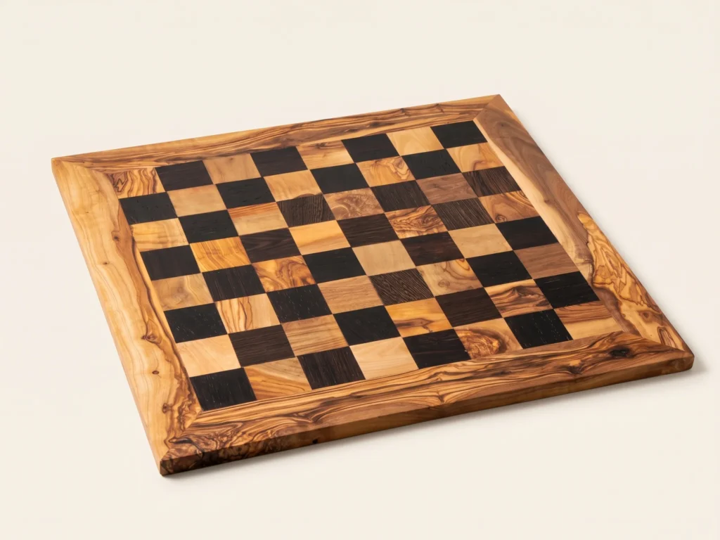 Three-quarter perspective view of straight-edged black olive wood chess board on ivory background