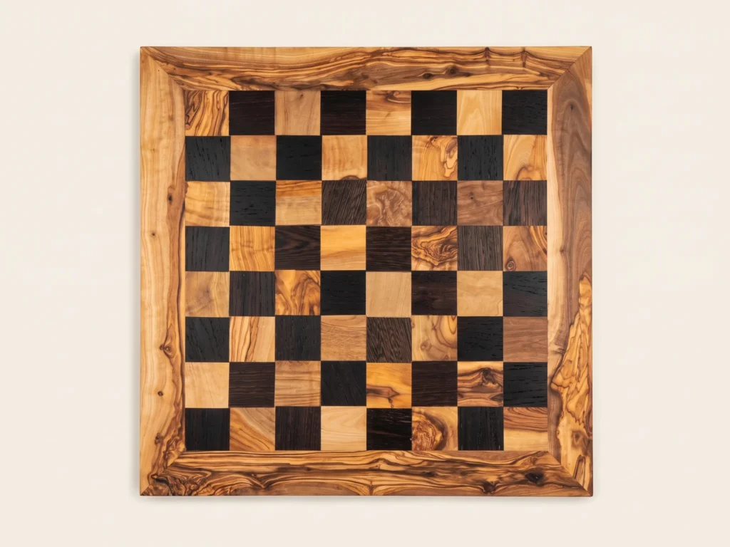 Direct 90-degree overhead flat-lay view of straight-edged black olive wood chess board 8x8 grid