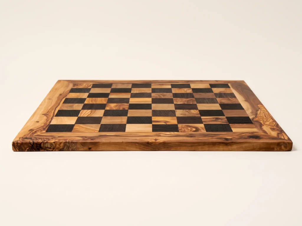 Low profile eye-level view showing straight planed edge, 2.2 cm thickness and flat board design without drawer