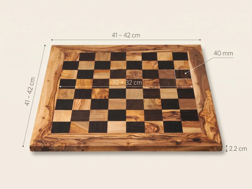Clean perspective product photograph with minimalist dimension callouts 41-42 cm, 32x32 cm, 40 mm, 2.2 cm