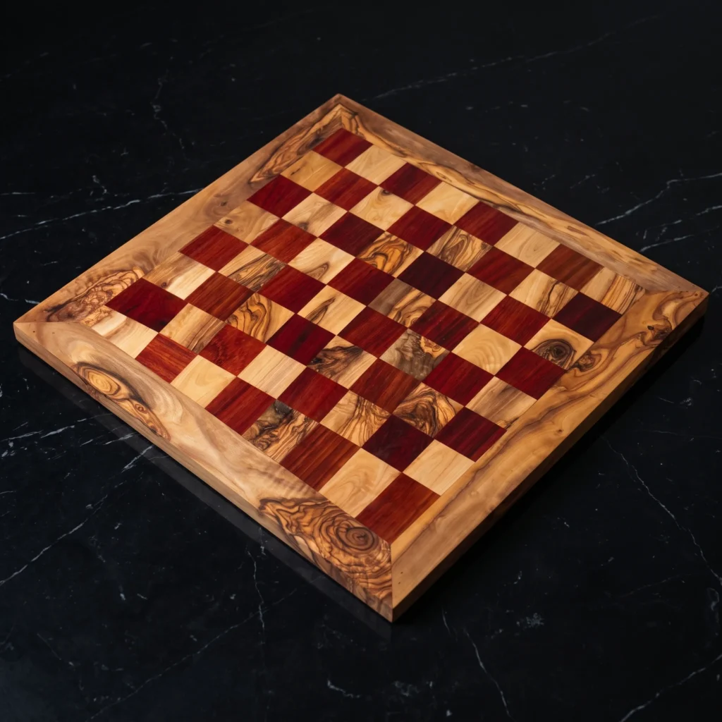 Échiquier en bois d'olivier à cadre droit SC-42 avec damier rouge bordeaux sur marbre noir Nero Marquina