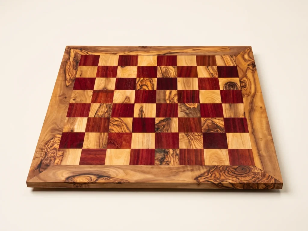 Three-quarter perspective view of straight-edged red olive wood chess board on ivory background