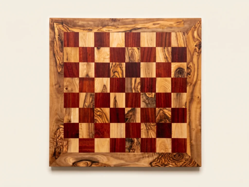 Direct 90-degree overhead flat-lay view of straight-edged red olive wood chess board 8x8 grid