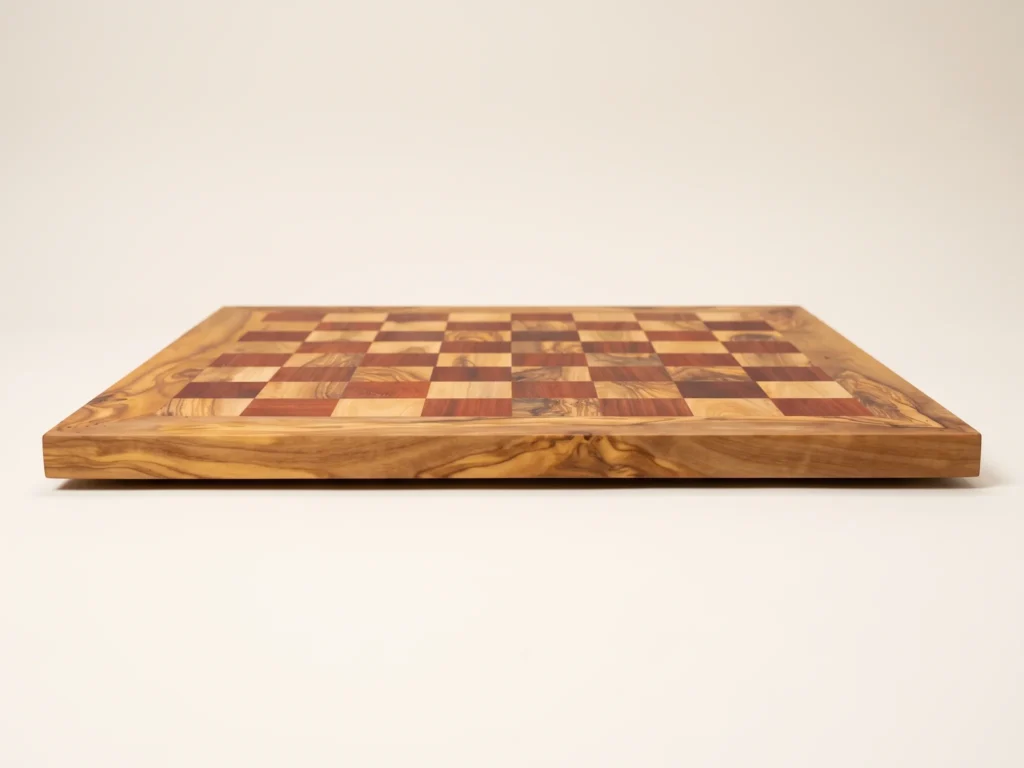 Low profile eye-level view showing straight planed edge, 2.2 cm thickness and flat board design without drawer