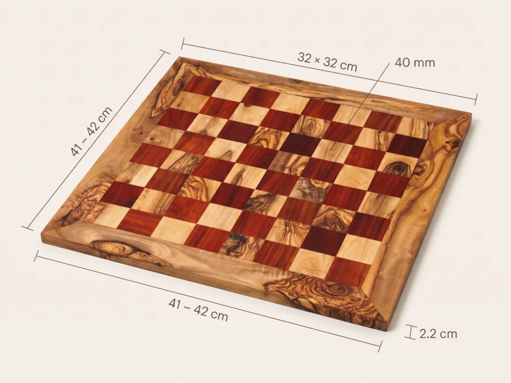 Clean perspective product photograph with minimalist dimension callouts 41-42 cm, 32x32 cm, 40 mm, 2.2 cm