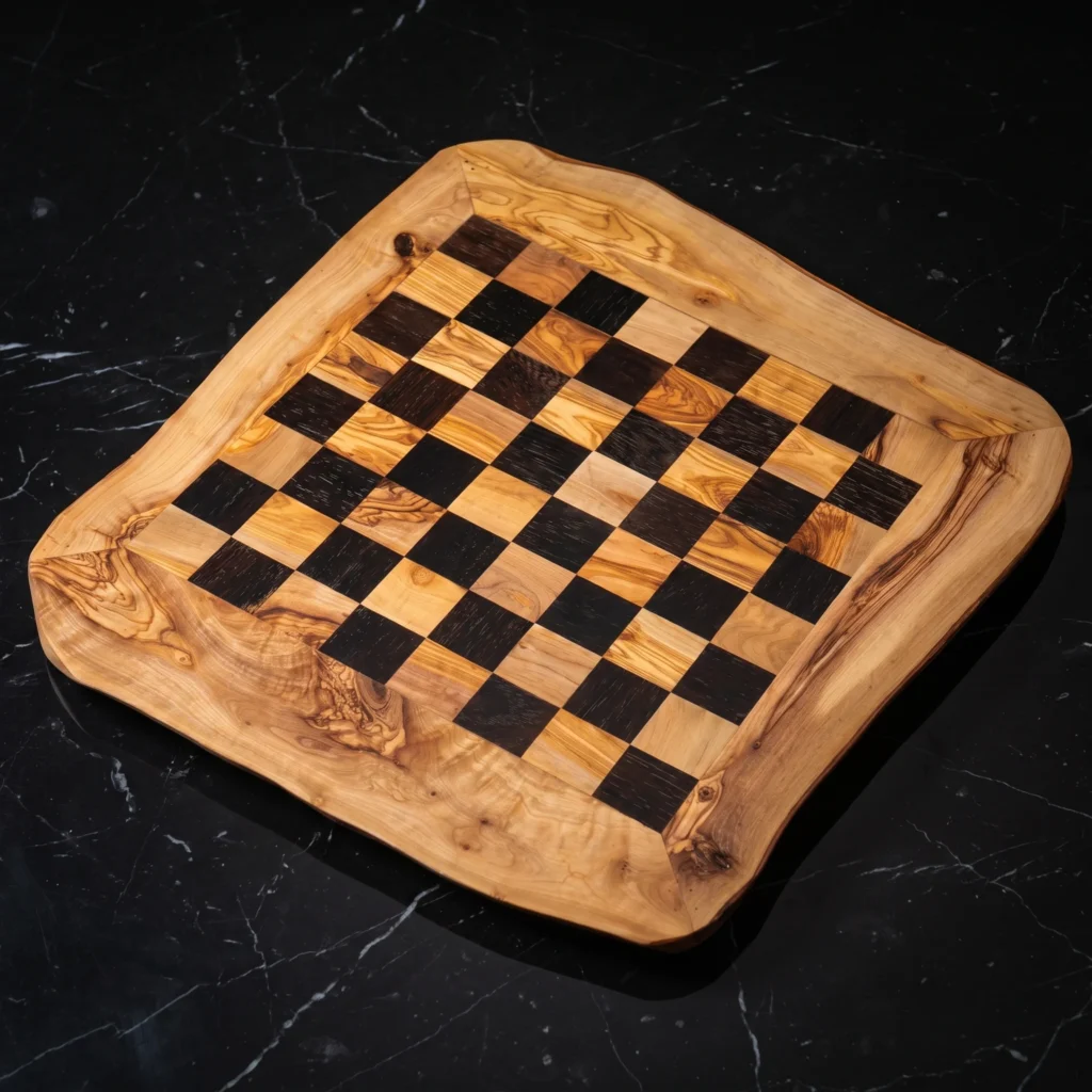 Échiquier rustique en bois d'olivier SC-74 avec damier noir et bord naturel sur marbre noir Nero Marquina