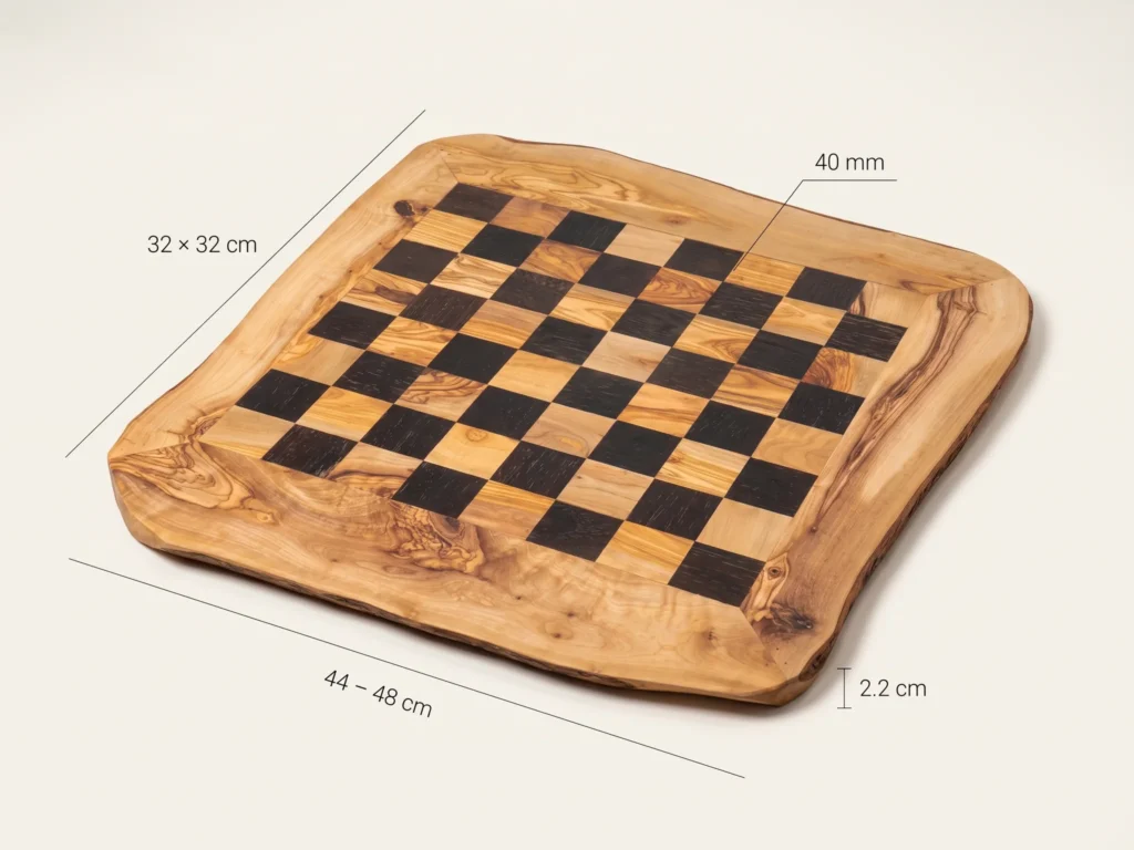 Clean perspective product photograph with minimalist dimension callouts 44-48 cm, 32x32 cm, 40 mm, 2.2 cm