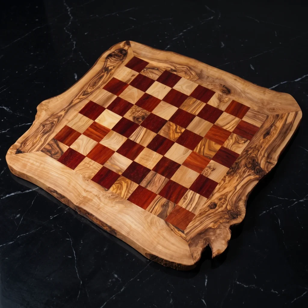 Rustic handcrafted olive wood chess set on black marble
