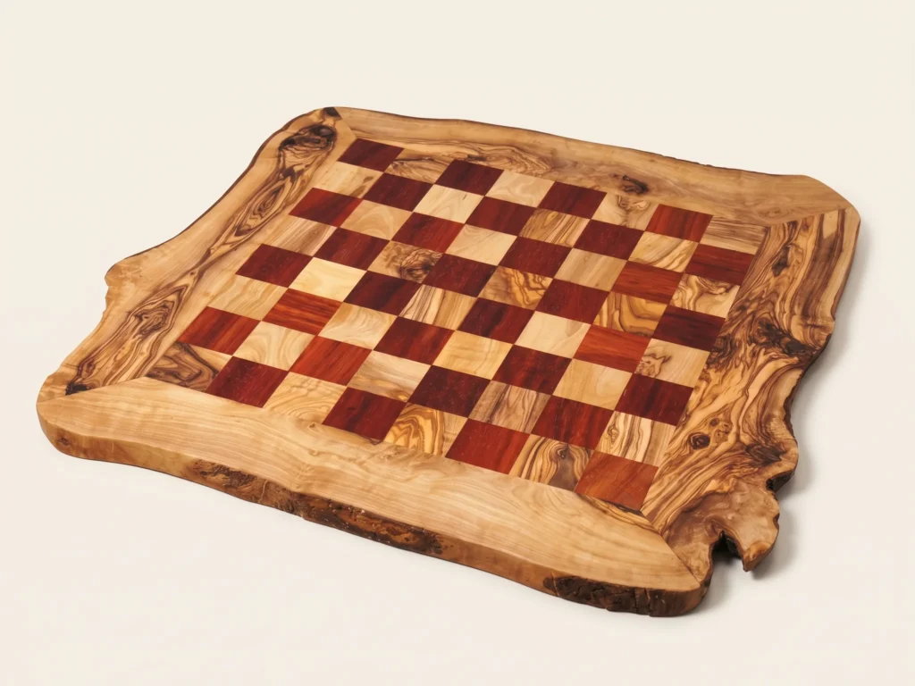Vue trois-quarts basse de l'échiquier rustique en bois d'olivier SC-35 montrant le damier rouge et le cadre à bord naturel