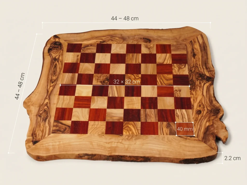 Photographie produit en perspective de l'échiquier rustique SC-35 avec cotations dimensionnelles 44-48 cm, 32x32 cm, 40 mm et 2.2 cm