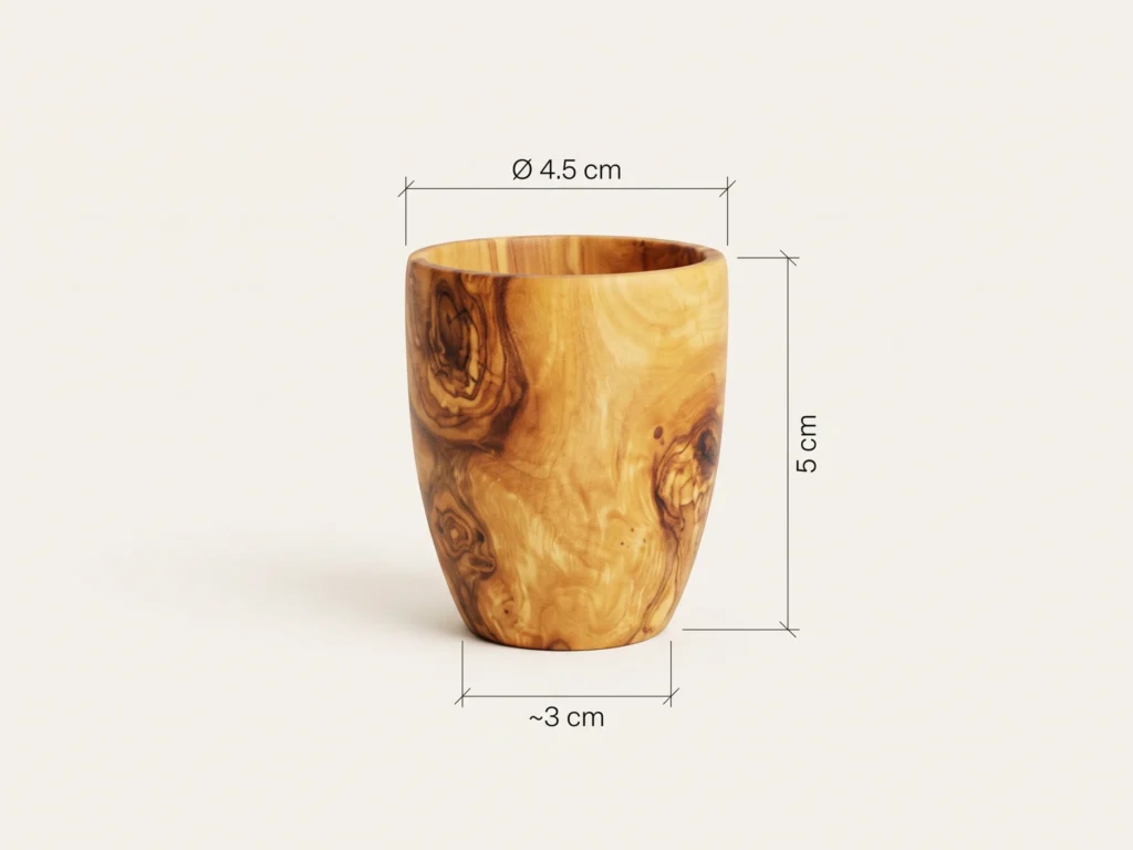 Schéma technique et plan dimensionnel coté du gobelet monobloc en bois d'olivier TR-14 diamètre 4,5 cm hauteur 5 cm
