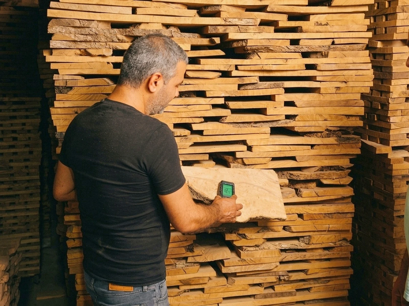 Workshop manager inspecting stabilized moisture level at 12.1 percent on stacked seasoning olive wood lumber planks