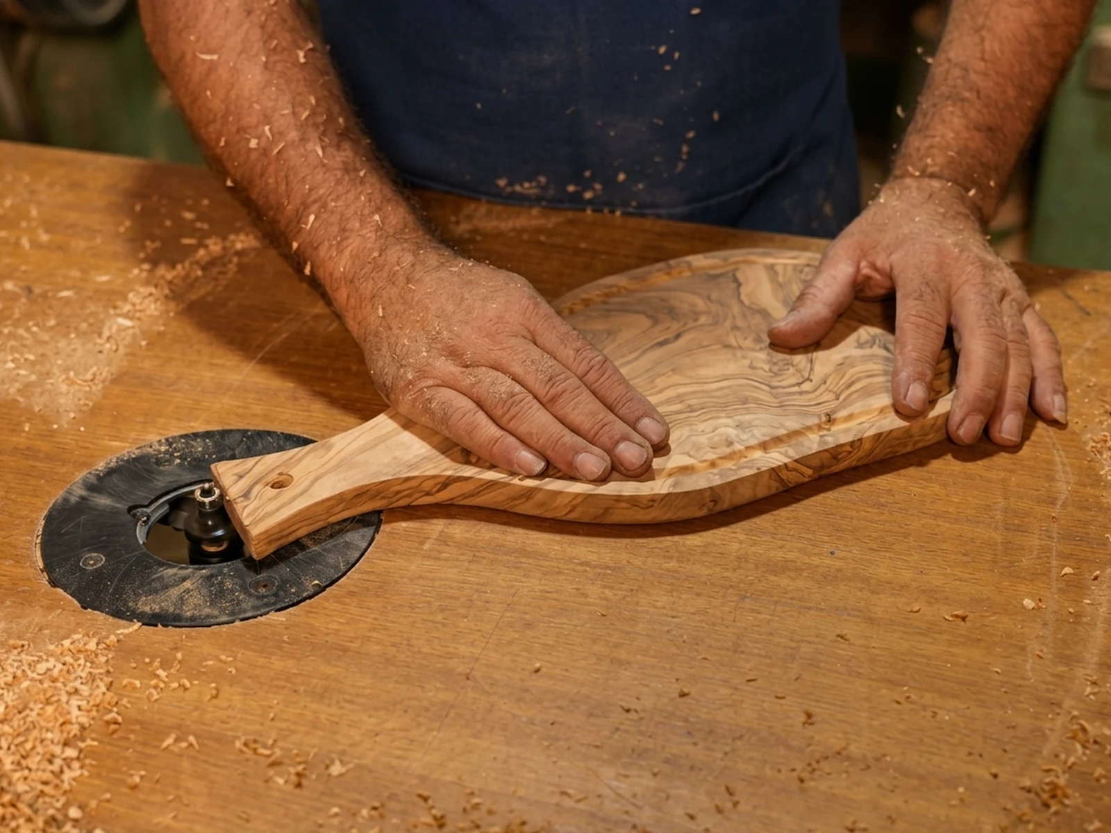 Master craftsman hands shaping an olive wood cutting board on a router table in dark blue artisan apron