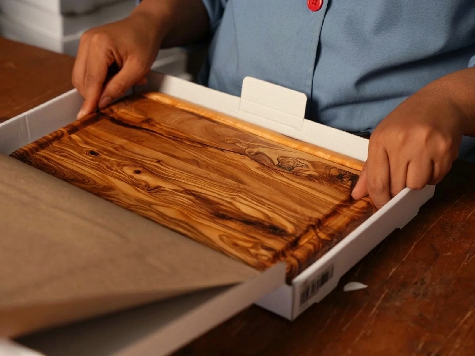 Workshop artisan carefully wrapping and packing an oiled olive wood cutting board in presentation export box