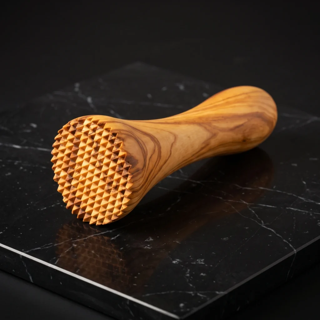 Handcrafted monobloc olive wood meat tenderizer hammer with pyramid teeth on black marble
