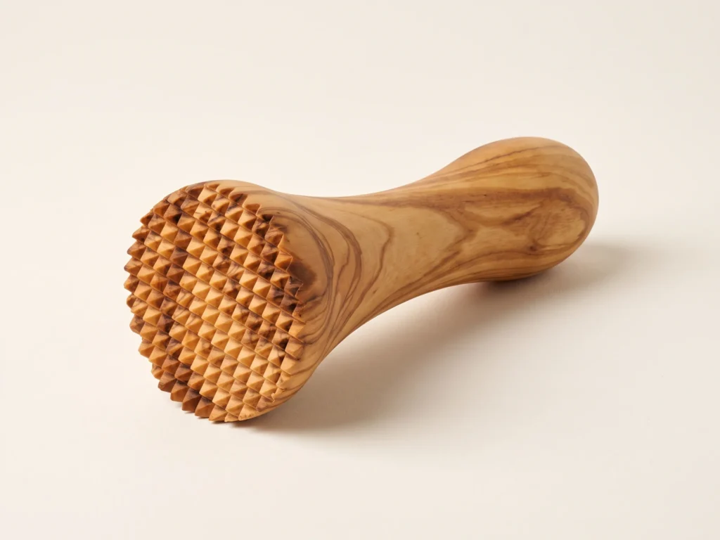 Vue de trois quarts de l attendrisseur a viande artisanal en bois d olivier monobloc 16 cm revelant les dents pyramidales et le galbe ergonomique