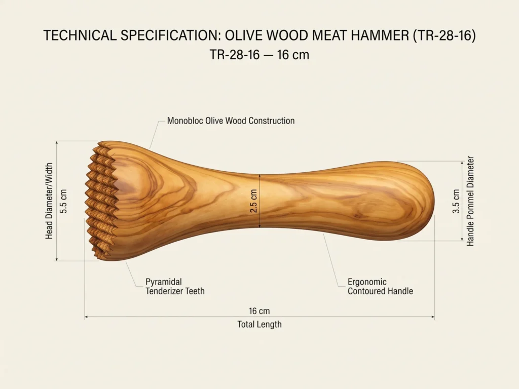 Schema technique officiel avec cotes dimensionnelles de l attendrisseur a viande monobloc en bois d olivier 16 cm TR-28-16