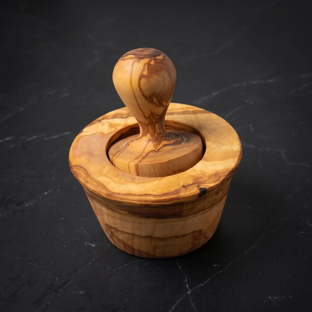 Handcrafted olive wood mortar and pestle on black marble