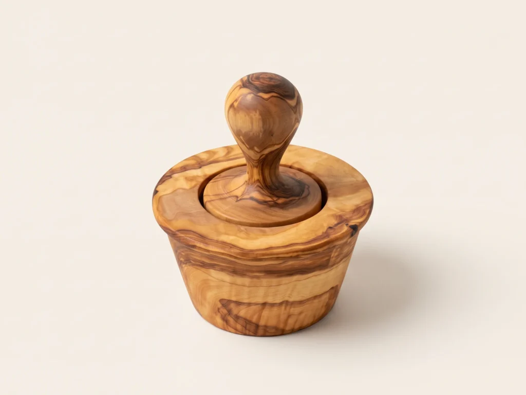 Three-quarter catalog view of conical olive wood mortar and garlic pestle TR-10 on seamless warm ivory background