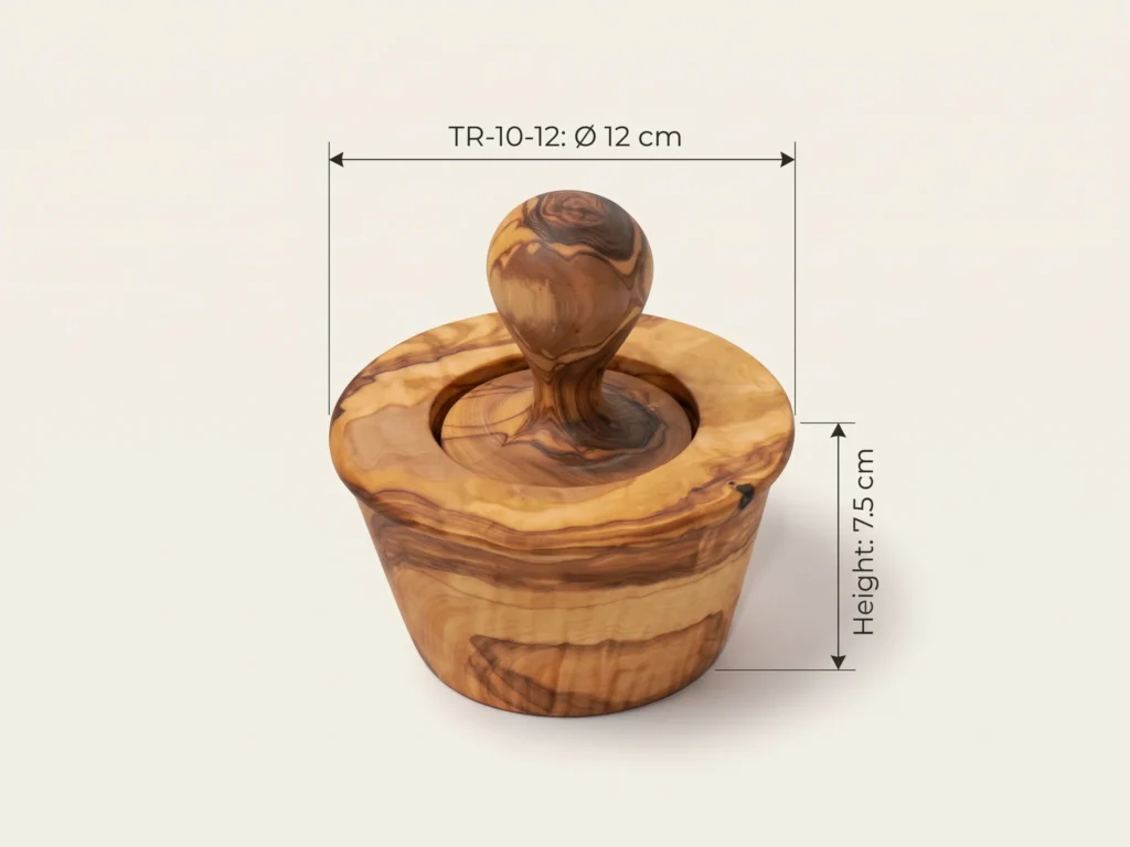 Technical CAD dimension diagram of conical olive wood garlic mortar and pestle TR-10-12 showing diameter 12 cm and height 7.5 cm